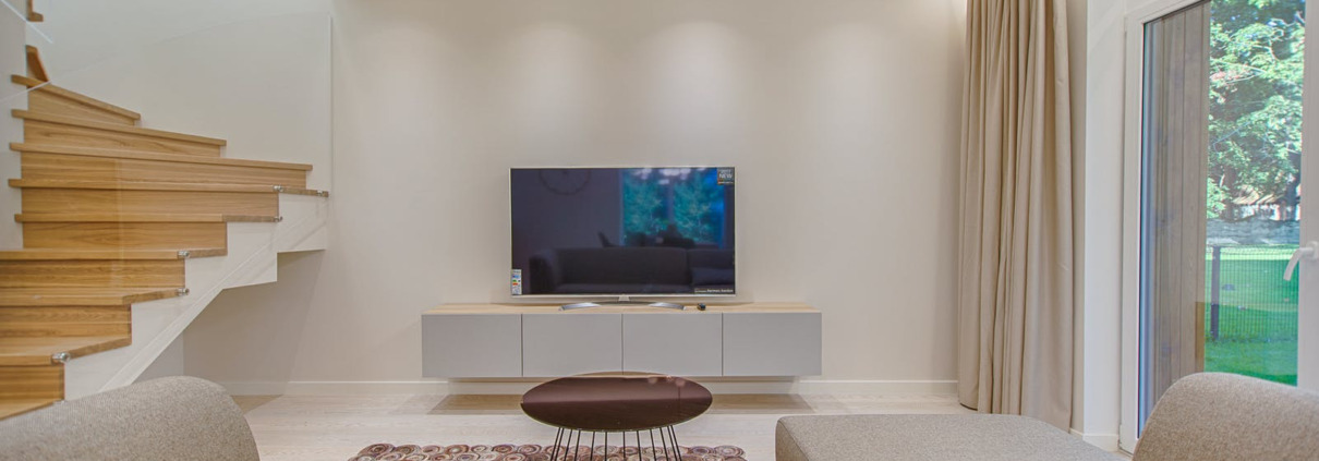 media room with white walls