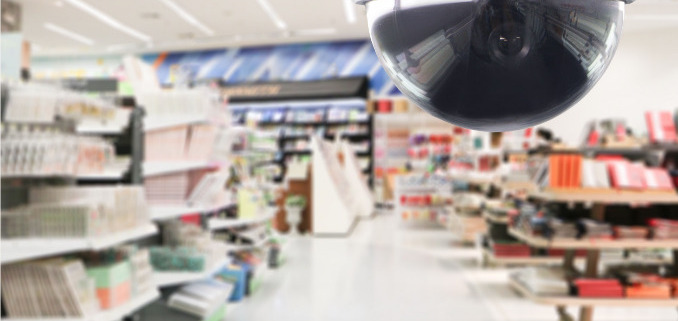 A security camera installed in a retail store