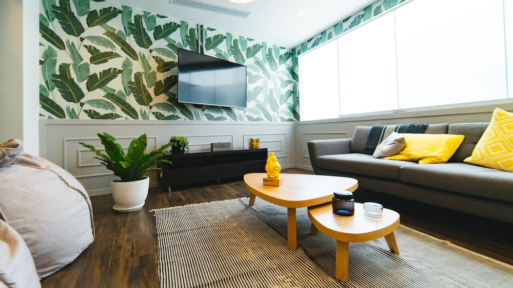 a media room with a coffee table