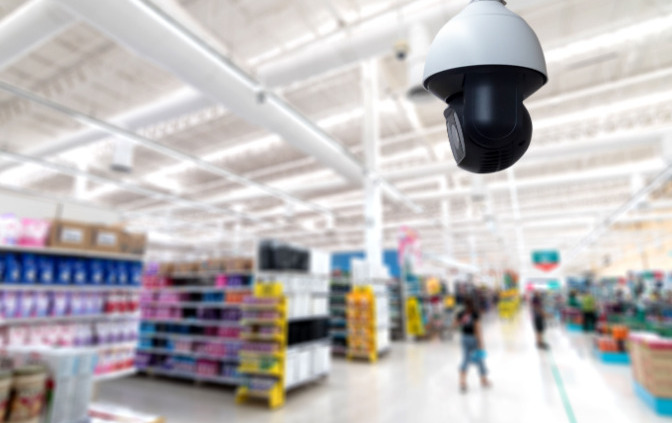 A security camera installed in a large store