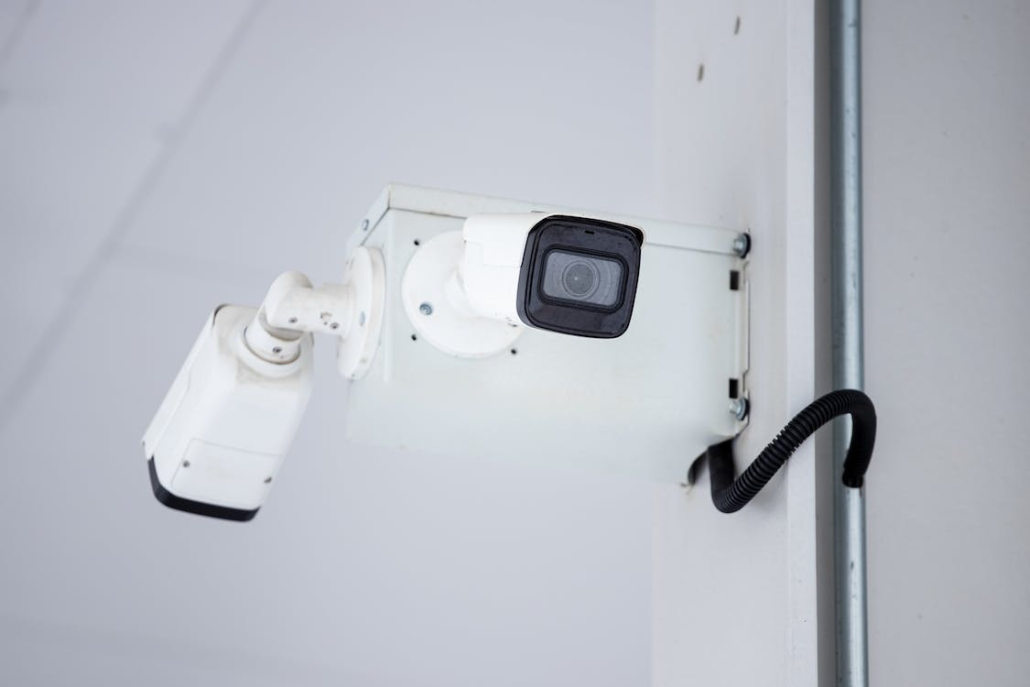 Security cameras mounted on a wall
