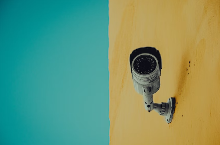 A security camera mounted on a yellow residential wall.